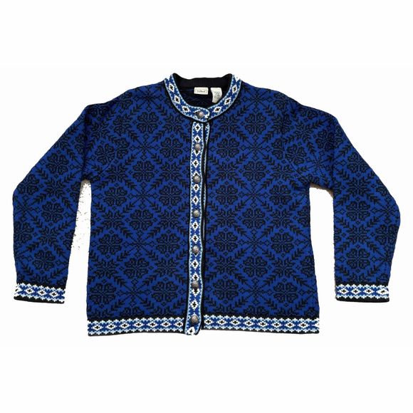 LL Bean Medium Cardigan Sweater Blue Norwegian Fair Isle Cotton Snowflake Nordic - Picture 4 of 5
